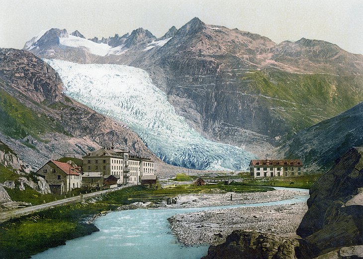 Historical photo of the Rhône Glacier and the surrounding buildings