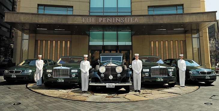Peninsula Hotel Tokyo fleet of luxury cars: Rolls Royce, BMW