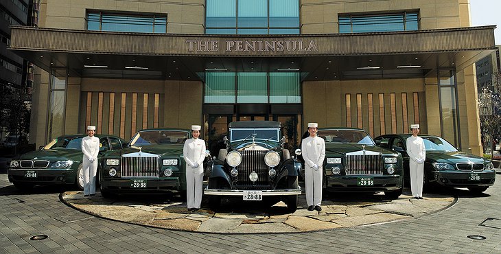 Peninsula Hotel Tokyo fleet of luxury cars: Rolls Royce, BMW