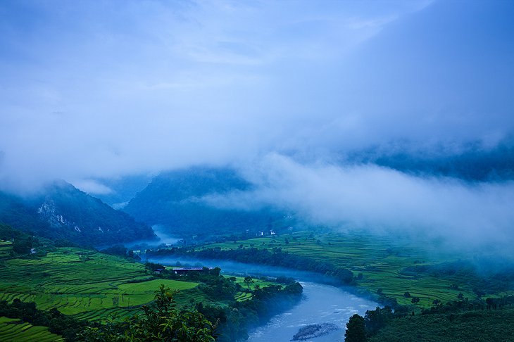Mo Chu River in mist in Bhutan
