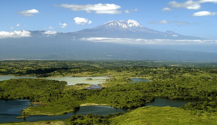 Tanzanian nature and lakes and in the background Killimanjaro