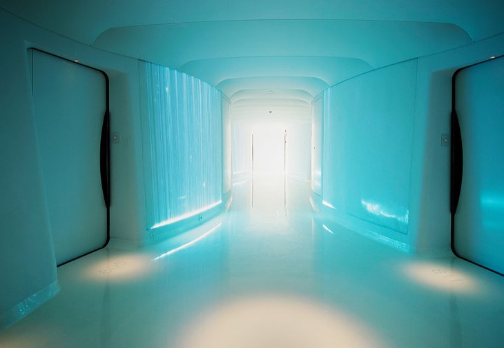 Hotel Silken Puerta América Madrid blue illuminated corridor