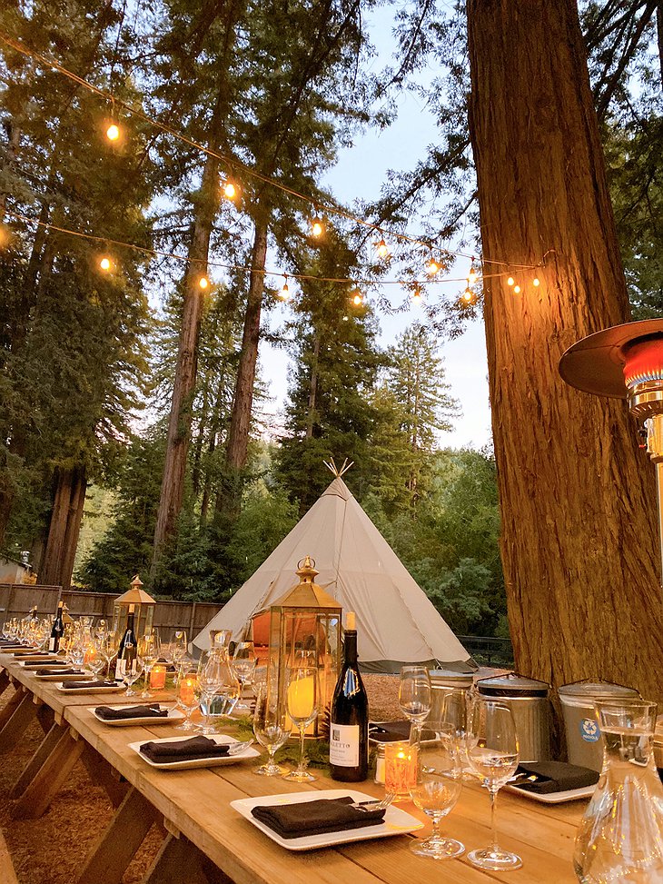 AutoCamp Russian River Glamping Cozy Light Outdoor Dinner