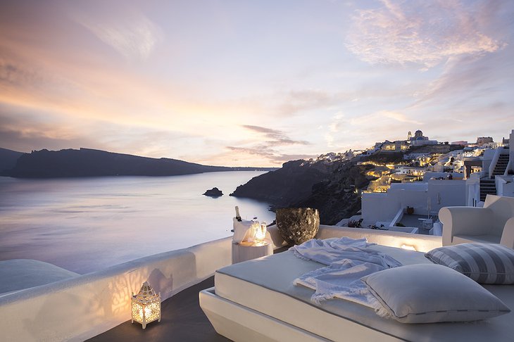 Kirini Santorini rooftop terrace panoramic view in the evening