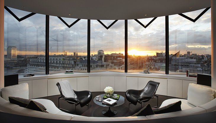ME London hotel suite living room with London panorama