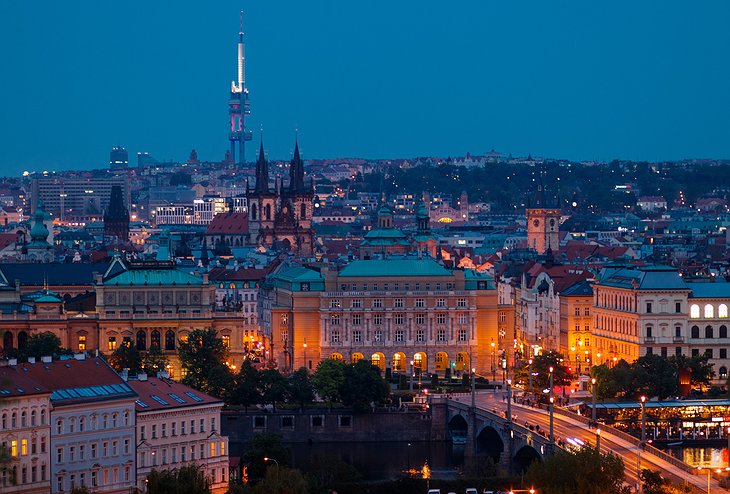 Prague Panorama At Night With The Iconic Zizkov TV Tower