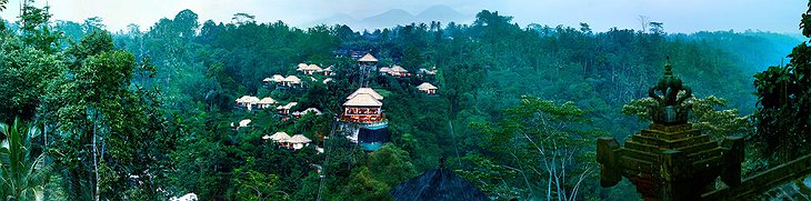 Panoramic shot of whole resort from temple at Hanging Gardens Ubud