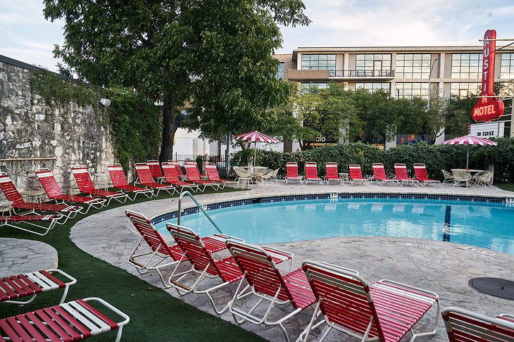 Austin Motel Pool Red And White Striped Sun Loungers