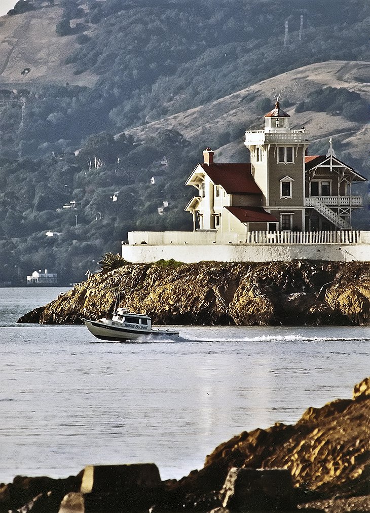 East Brother Light Station and a boat in the bay