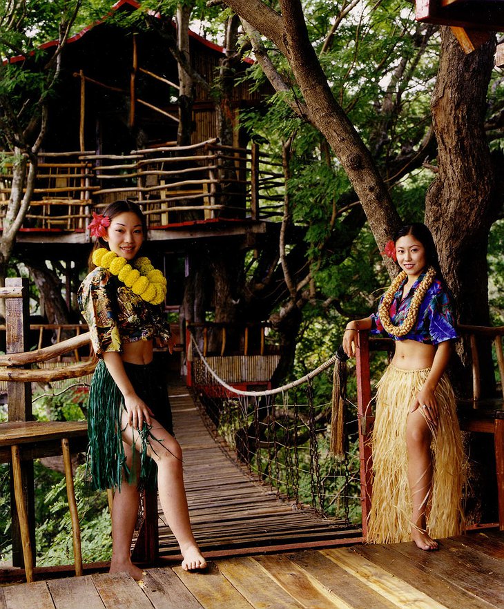 Chinese girls posing at Sanya Nanshan Treehouse