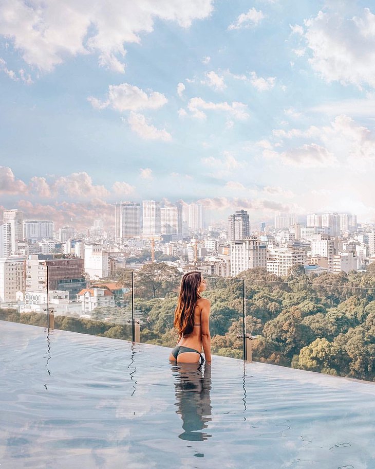 Hotel Des Arts Saigon Rooftop Infinity Pool With A Model