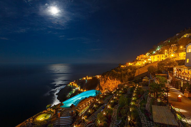 The Monastero Santa Rosa Hotel at Night from Above