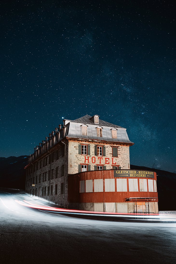 Closed Hotel Belvedere at the Furkapass in Vallais, Switzerland on a starry night