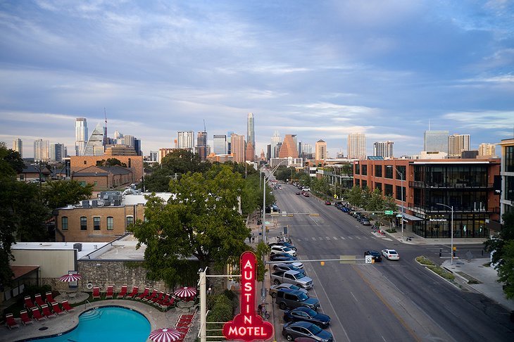 Austin Motel With The City's Skyline And The Congress Avenue