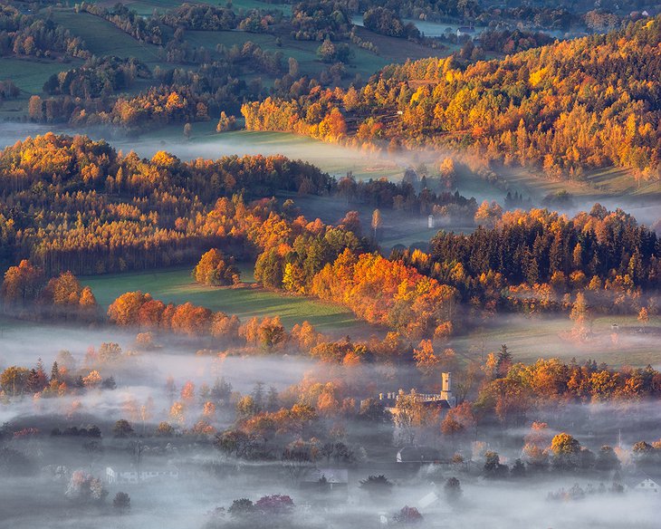 Karpniki Castle in the fog in Poland's picturesque Karkonosze region