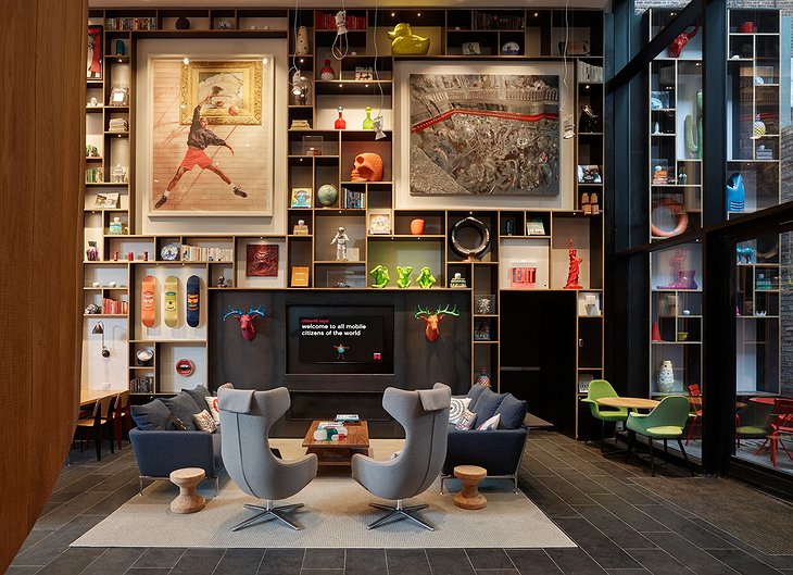 CitizenM New York Bowery Hotel Lounge Contemporary Art Filled Walls
