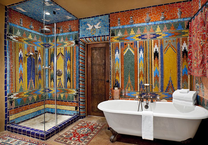The Inn Of The Five Graces Sandalwood Bathroom With Colorful Mosaic Tiles