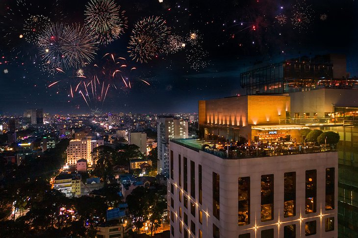 Hotel Des Arts Saigon Rooftop Bar During A Firework Show