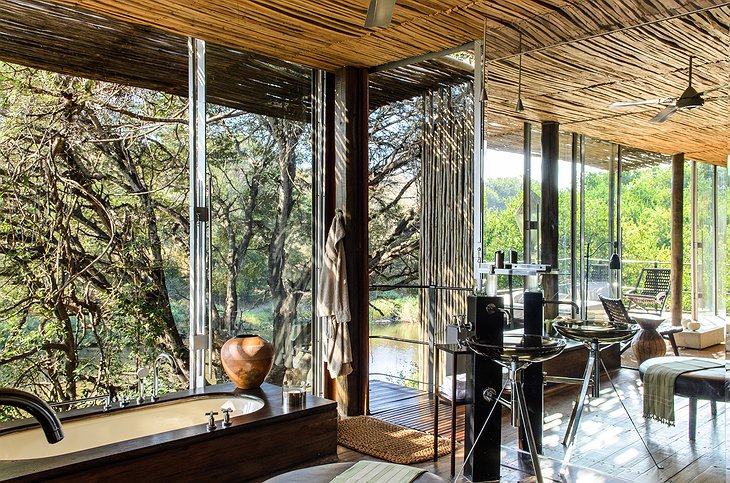 Singita Sweni Lodge bathroom at the large windows