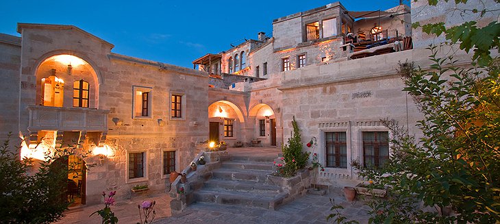 Kelebek Cave Hotel at night