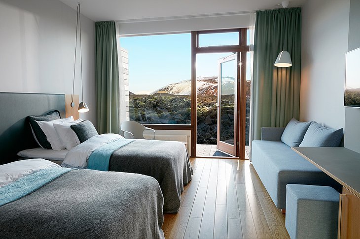 Silica Hotel bedroom with lagoon views