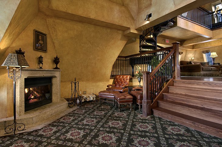 Fairmont Banff Springs Hotel fireplace and wooden stairs