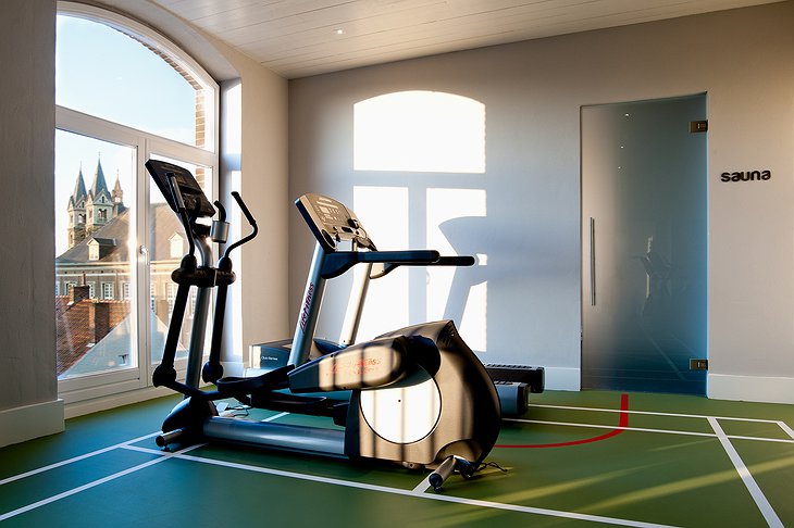 The former prison gym turned into a hotel fitness room with sauna