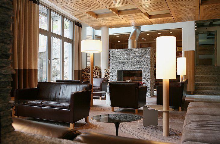 Lobby with fireplace made out of granite