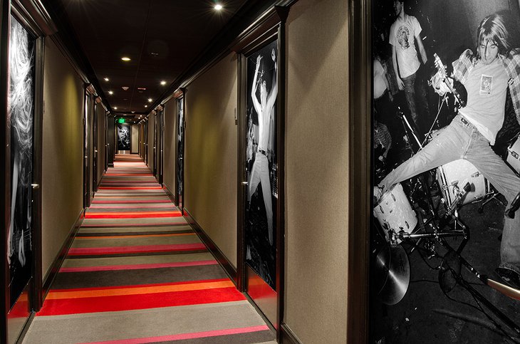 Hotel Max Seattle corridor with rock stars on the doors