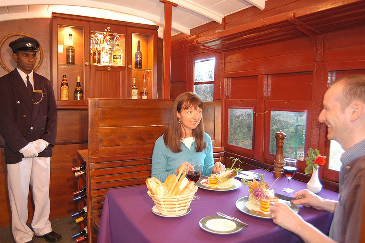 Railway carriage restaurant interior at Heritance Tea Factory hotel