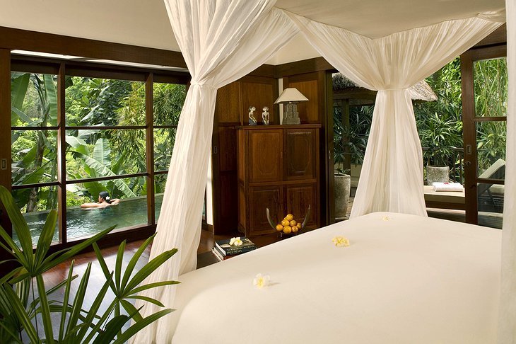 Riverside Villa interior showing bed and pool