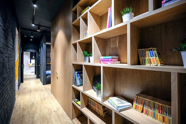 inBox Capsule Hotel shelves and corridor