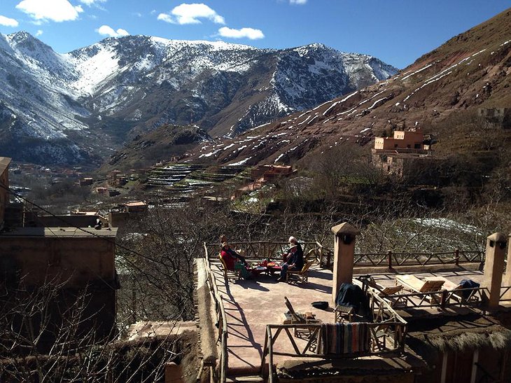 Douar Samra rooftop terrace with Toubkal peak view