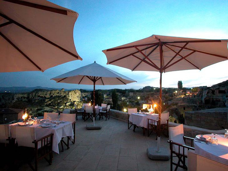 Yunak Evleri rooftop terrace at sunset