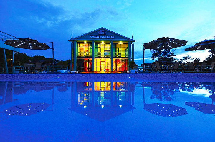 Amazon Jungle Palace swimming pool in the evening